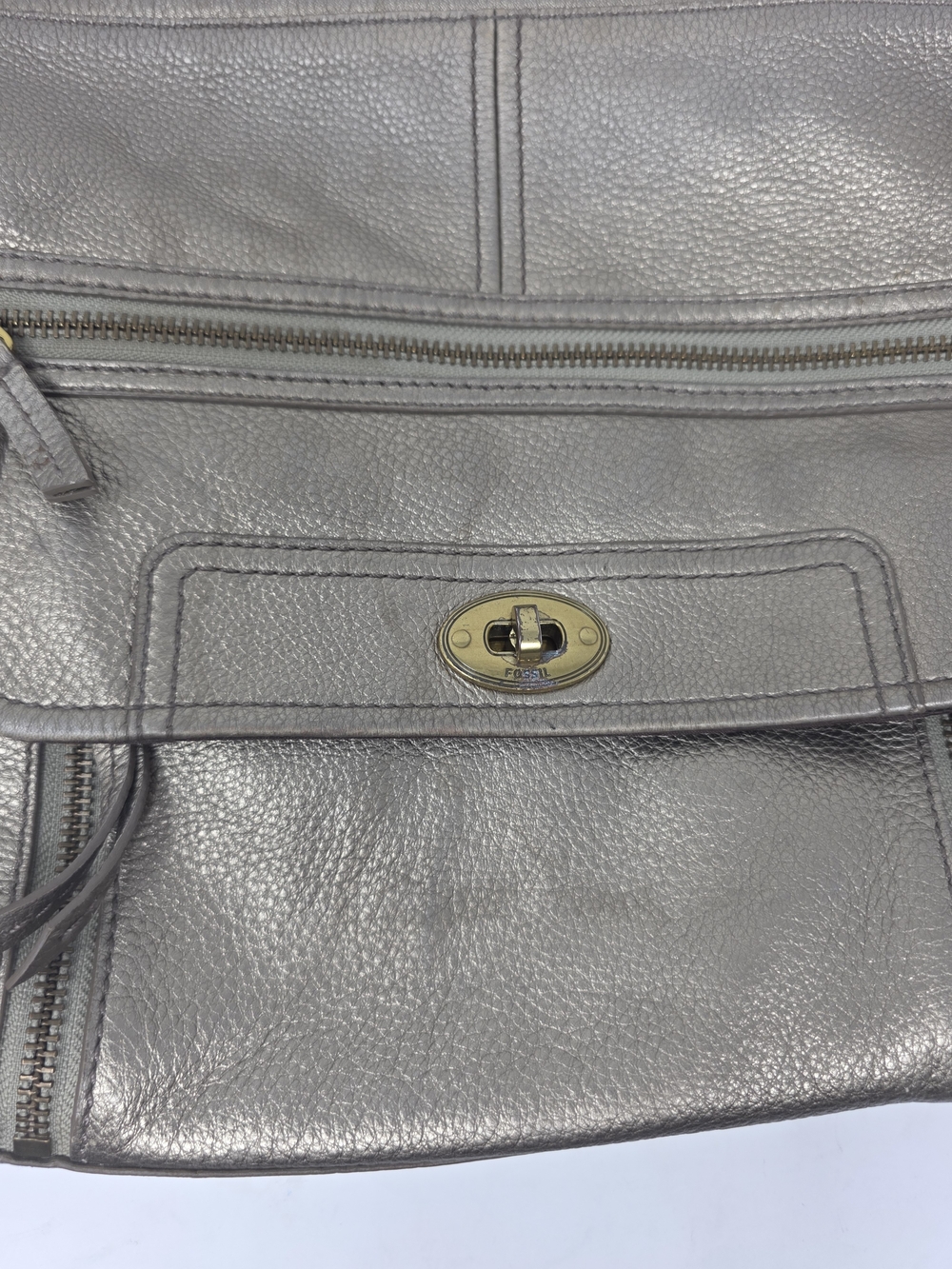 Fossil Metallic Leather Crossbody Bag Pewter Bronze Multi Pocket Shoulder Purse - Picture 4 of 6